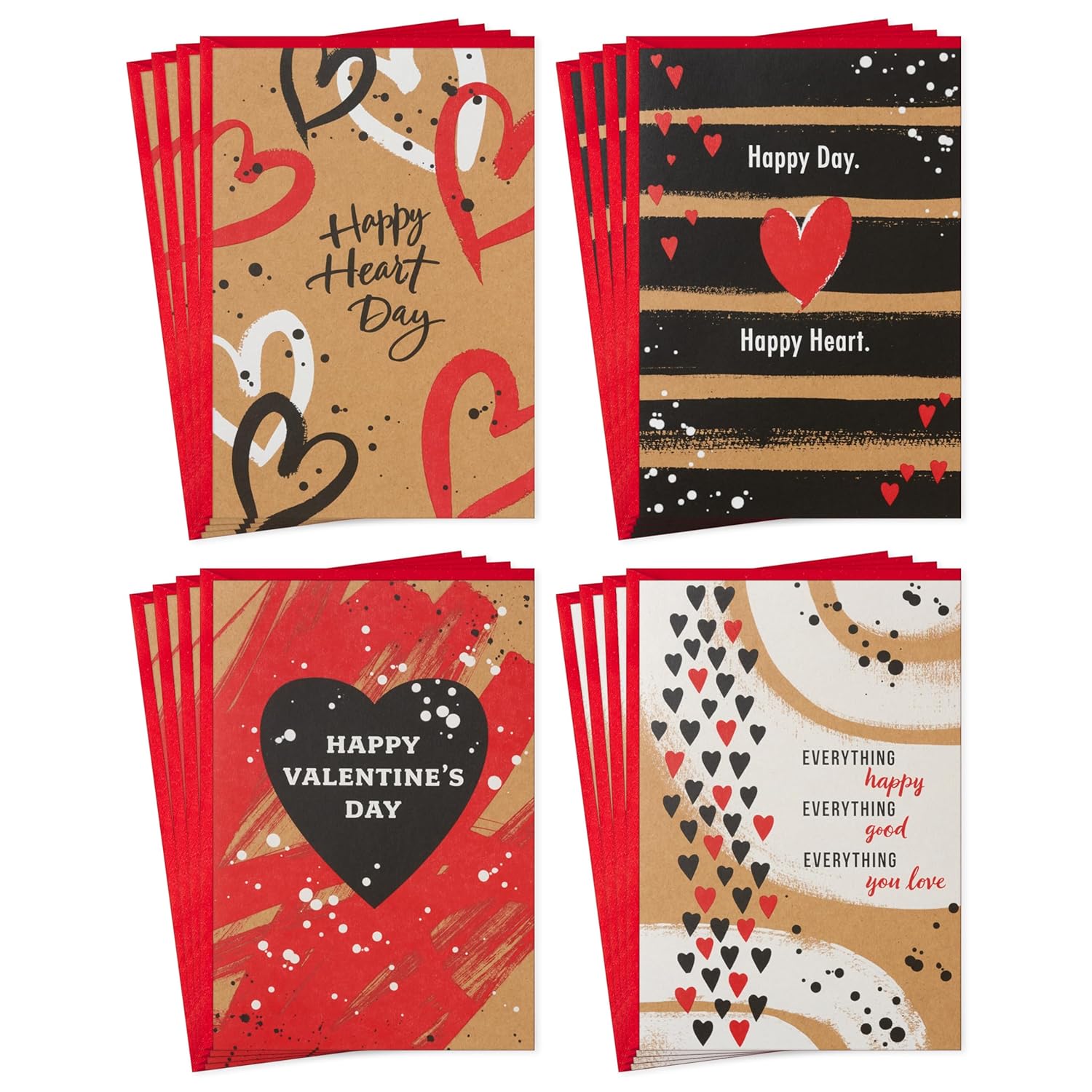 Hallmark Kraft Valentines Day Card Assortment (16 Cards with Envelopes) Red, Black, White