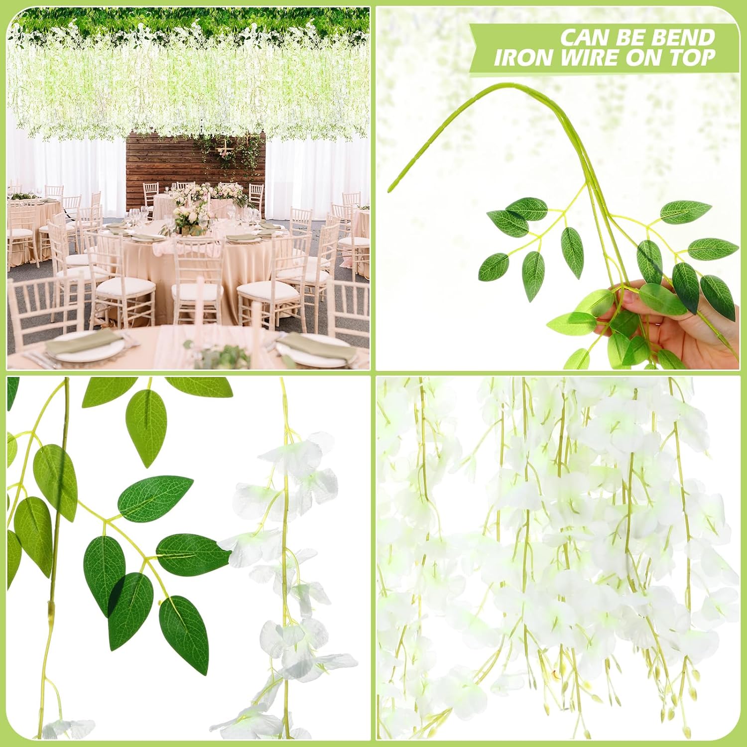240 Pcs Wedding Artificial Wisteria Hanging Flowers Floral Backdrop Garland 43.3 In/ 3.6 Ft Silk Fake Wisteria Vine Rattan Long Wall String For Home Outdoor Party Decoration(Milky White)