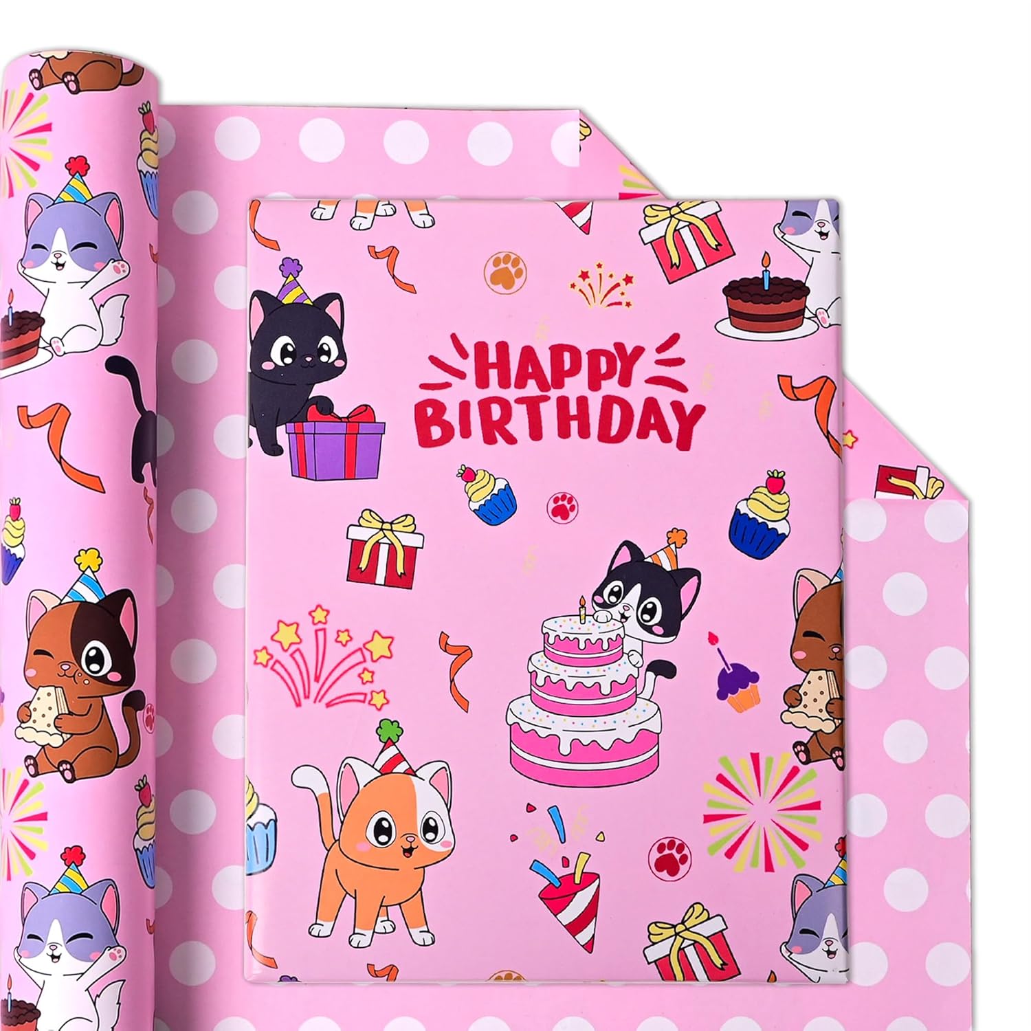 Reversible Cat Birthday Wrapping Paper Roll For Kid'S Girl'S - Cute Cat, Paw Print & Dot On Pink Design Gift Wrap For Birthday, Holiday, Baby Shower - 17 In X 20 Ft(Total 28.5Sq.Ft)