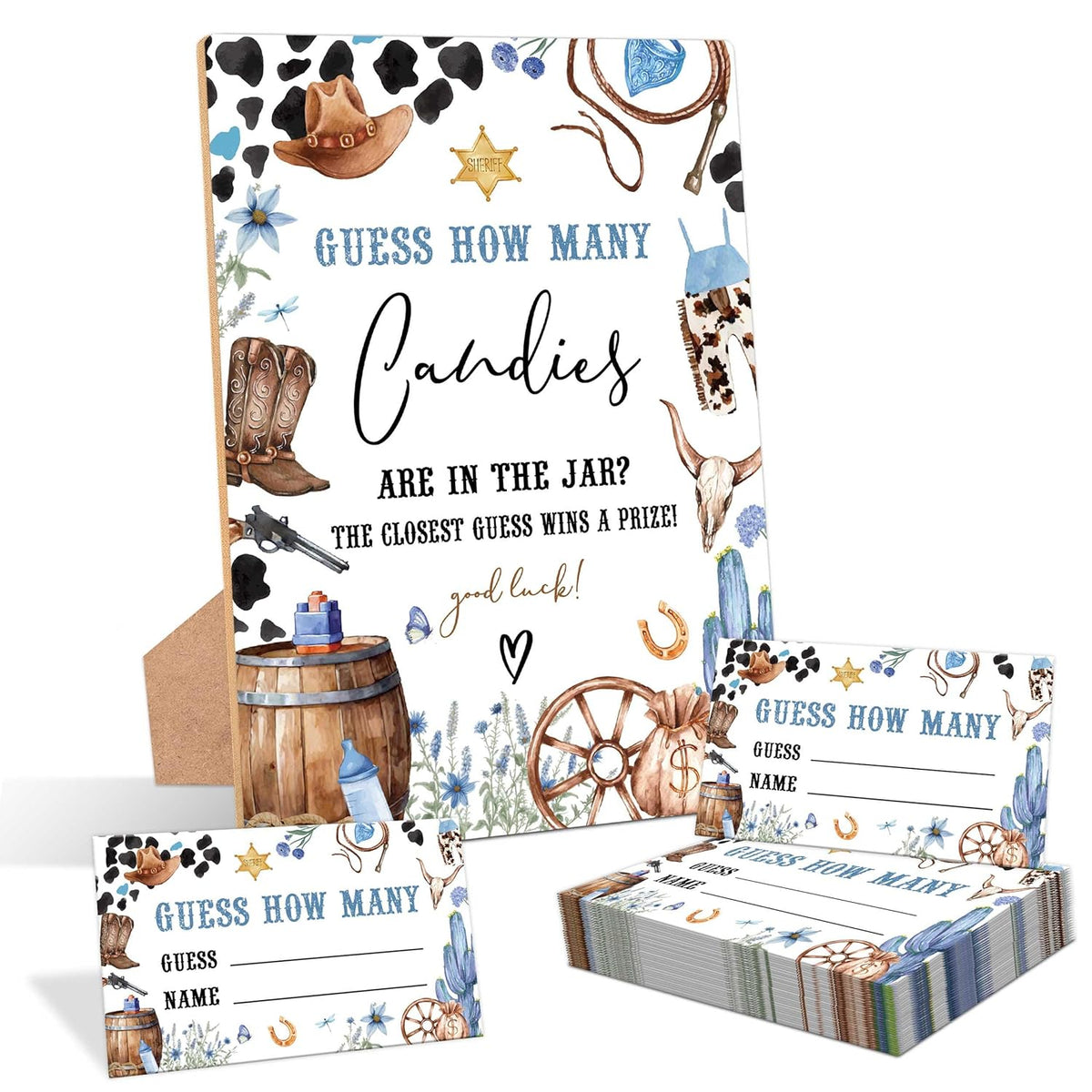 Cowboy Guess How Many Candies Are In The Jar Game, Pack Of 1 Wooden Tabletop Sign With Stand And 50 Guessing Cards, Wild West Rodeo Baby Shower Game, Gender Reveal Party Decorations - Wv11