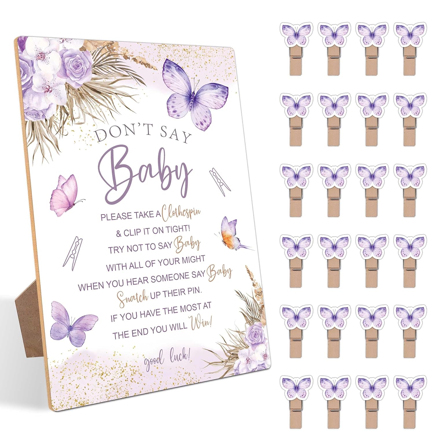 Baby Shower Sign, Don'T Say Baby Baby Shower Game, For Purple Butterfly Baby Shower Decorations, Neutral Baby Shower Decor, Mini Clothespins For Baby Shower, 1 Wooden Sign & 50 Mini Clothespins Set-3