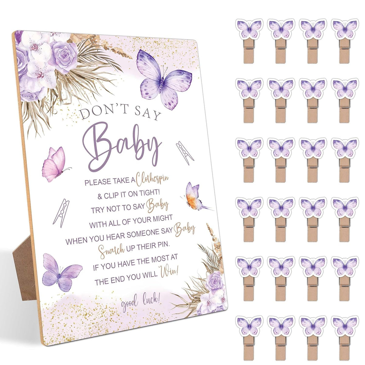 Baby Shower Sign, Don'T Say Baby Baby Shower Game, For Purple Butterfly Baby Shower Decorations, Neutral Baby Shower Decor, Mini Clothespins For Baby Shower, 1 Wooden Sign & 50 Mini Clothespins Set-3
