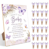 Baby Shower Sign, Don'T Say Baby Baby Shower Game, For Purple Butterfly Baby Shower Decorations, Neutral Baby Shower Decor, Mini Clothespins For Baby Shower, 1 Wooden Sign & 50 Mini Clothespins Set-3