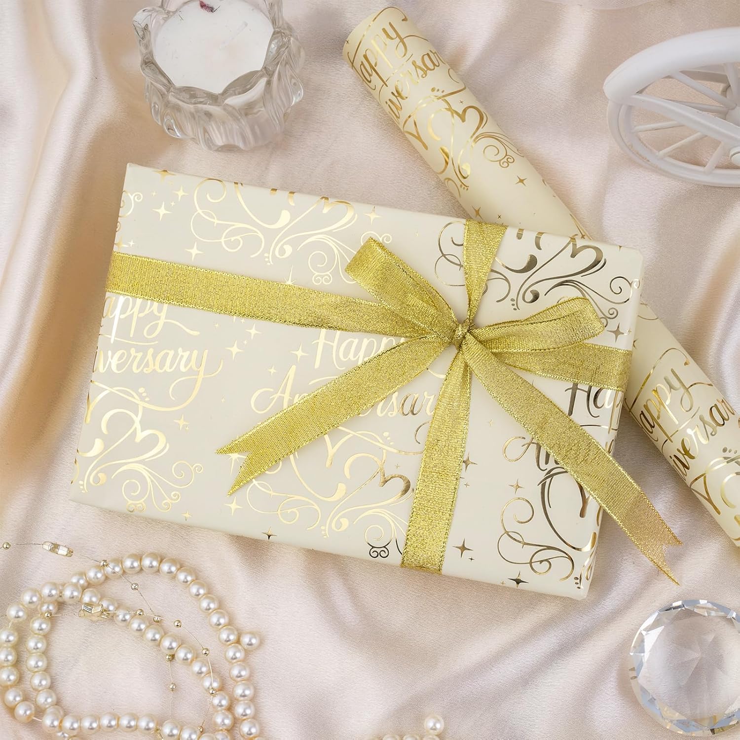 Happy Anniversary Wrapping Paper Roll, Gold Foil Anniversary & Hearts, Golden Wedding Anniversary Party Favors For Couple, Friends, Parents, Mini Roll, 17 Inches X 16.4 Feet