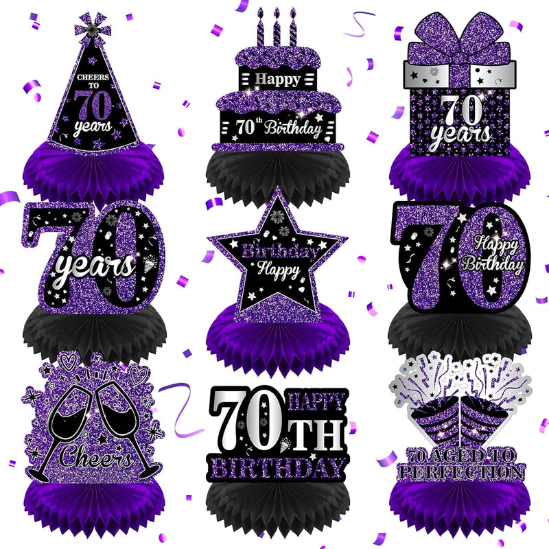 9Pcs Purple 70Th Birthday Decorations Purple Black Happy 70Th Birthday