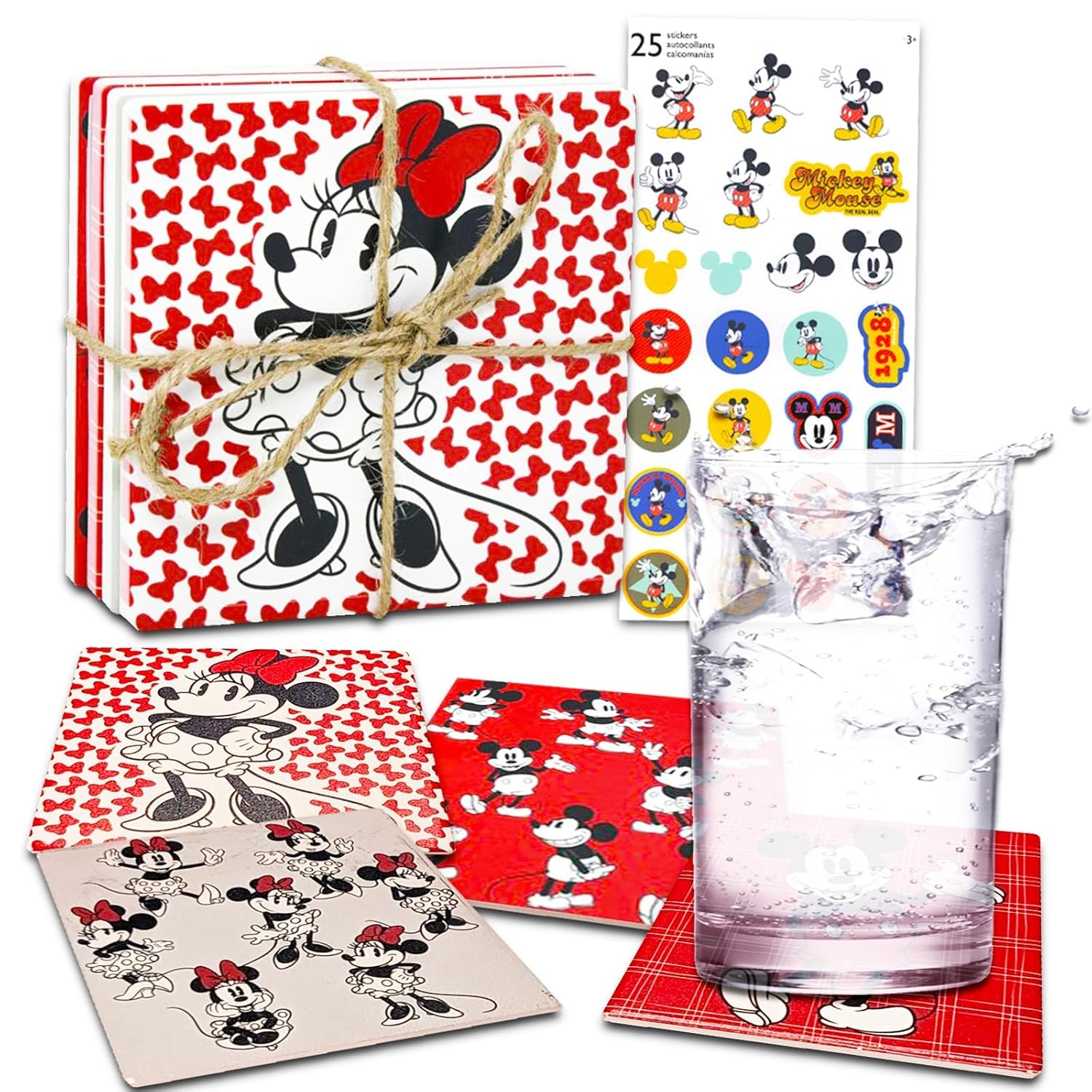 Mickey and Minnie Coaster Set - Disney Home Decor Bundle with 4 Mickey and Minnie Coasters Plus Mickey Stickers | Disney Coasters for Coffee Table