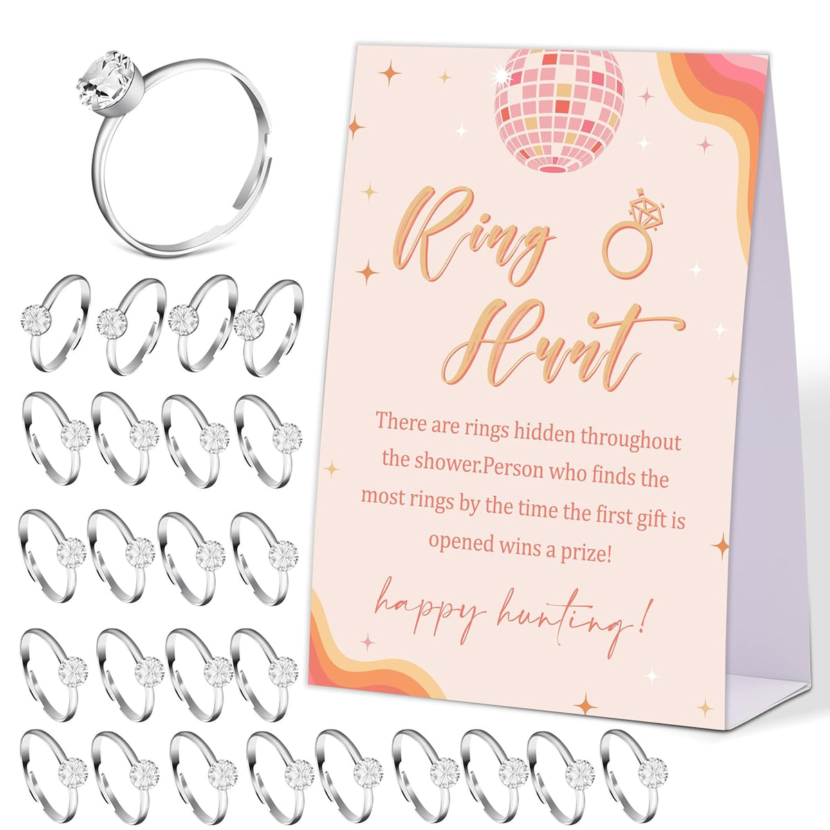 Disco Ball Ring Hunt Game, Find The Rings Bridal Shower Game With 30 Fake Rings, Boho Bridal Shower Decorations, Wedding Shower Or Bachelorette Party Supplies - 04