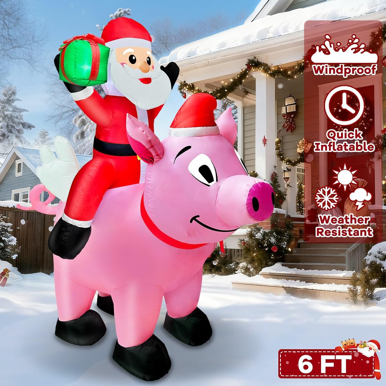 6 Ft Christmas Inflatable Outdoor Decoration, Lighted Farm Christmas Inflatables Santa Ride On Flying Pig With Built In