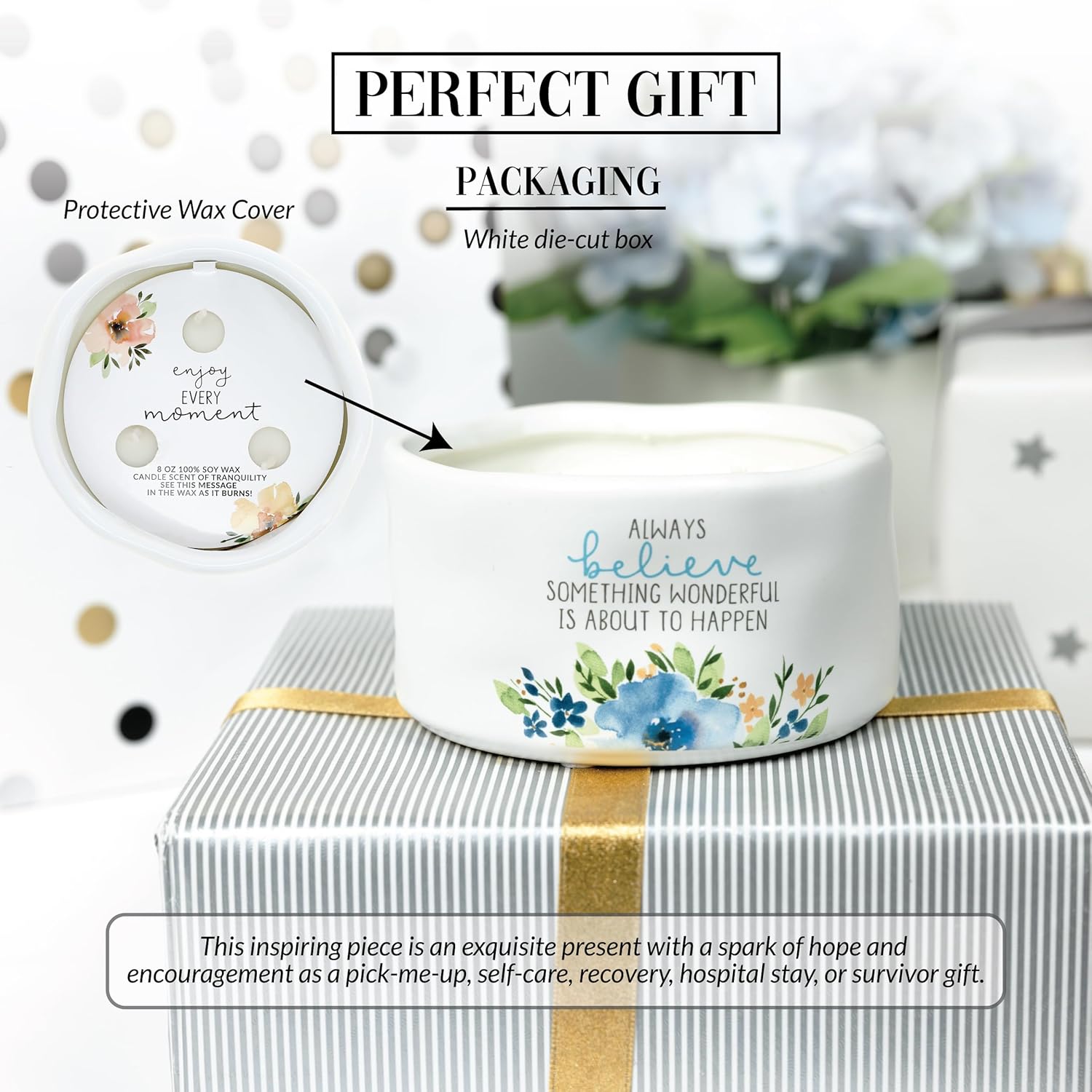 Pavilion Gift Company – Always Believe - 8-Ounce Surprise Hidden Message Natural Soy Wax Candle Floral Scented, 1 Count, 4.5 x 4.5 x 2.75-Inches