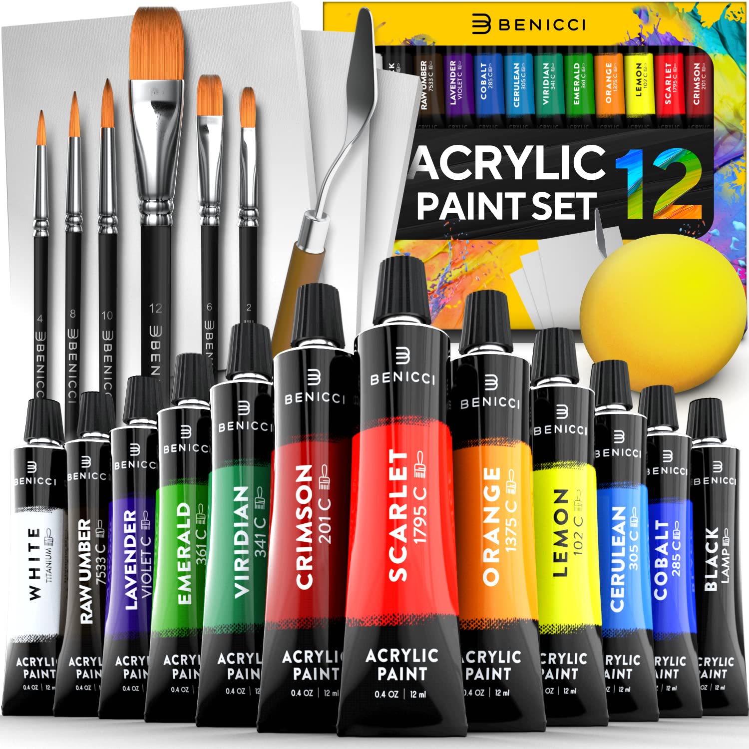 Complete Acrylic Paint Set – 12? Rich Pigment Colors & 6X Art Brushes - Includes 3 Paint Canvases, Palette Knife & Sponge - Perfect For Canvas, Clay, Ceramic - Non-Toxic, Great For Kids & Adults