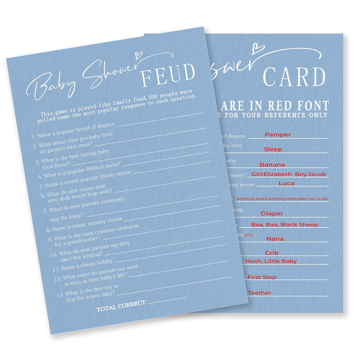 Baby Shower Feud Game Kit - Minimalism Blue - 30 Fill In Game Cards & 1 Answer Card For Baby Shower, Gender Reveal Party Favor, Decorations & Supplies - C06