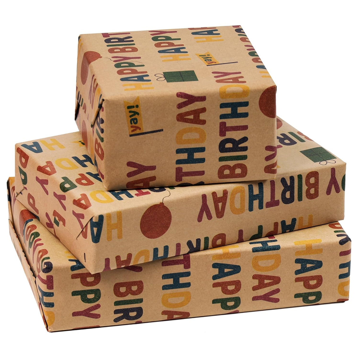 Birthday Wrapping Paper, Gift Wrapping Paper Roll, Kraft Wrapping Paper 17 Inch X 33 Feet, Colorful Happy Birthday Pattern For Boys Girls Kids, Great For Holiday, Party, Baby Shower