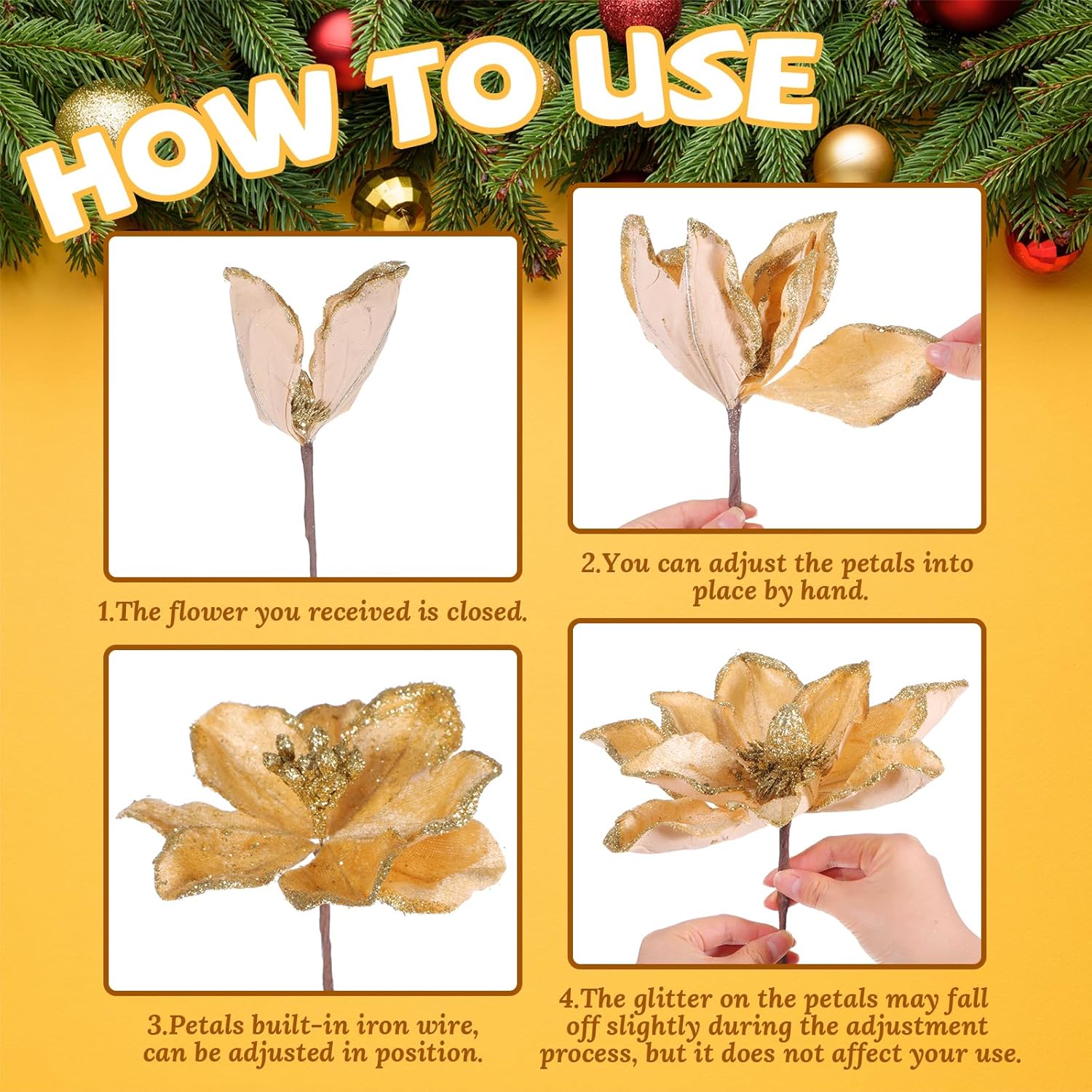 15 Pcs Velvet Christmas Magnolia Flowers In 3 Size Glitter Artificial Flower Christmas Tree Ornament With Stem For Xmas Tree Wreath Garland Wedding Decor(Gold)