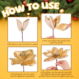 15 Pcs Velvet Christmas Magnolia Flowers In 3 Size Glitter Artificial Flower Christmas Tree Ornament With Stem For Xmas Tree Wreath Garland Wedding Decor(Gold)