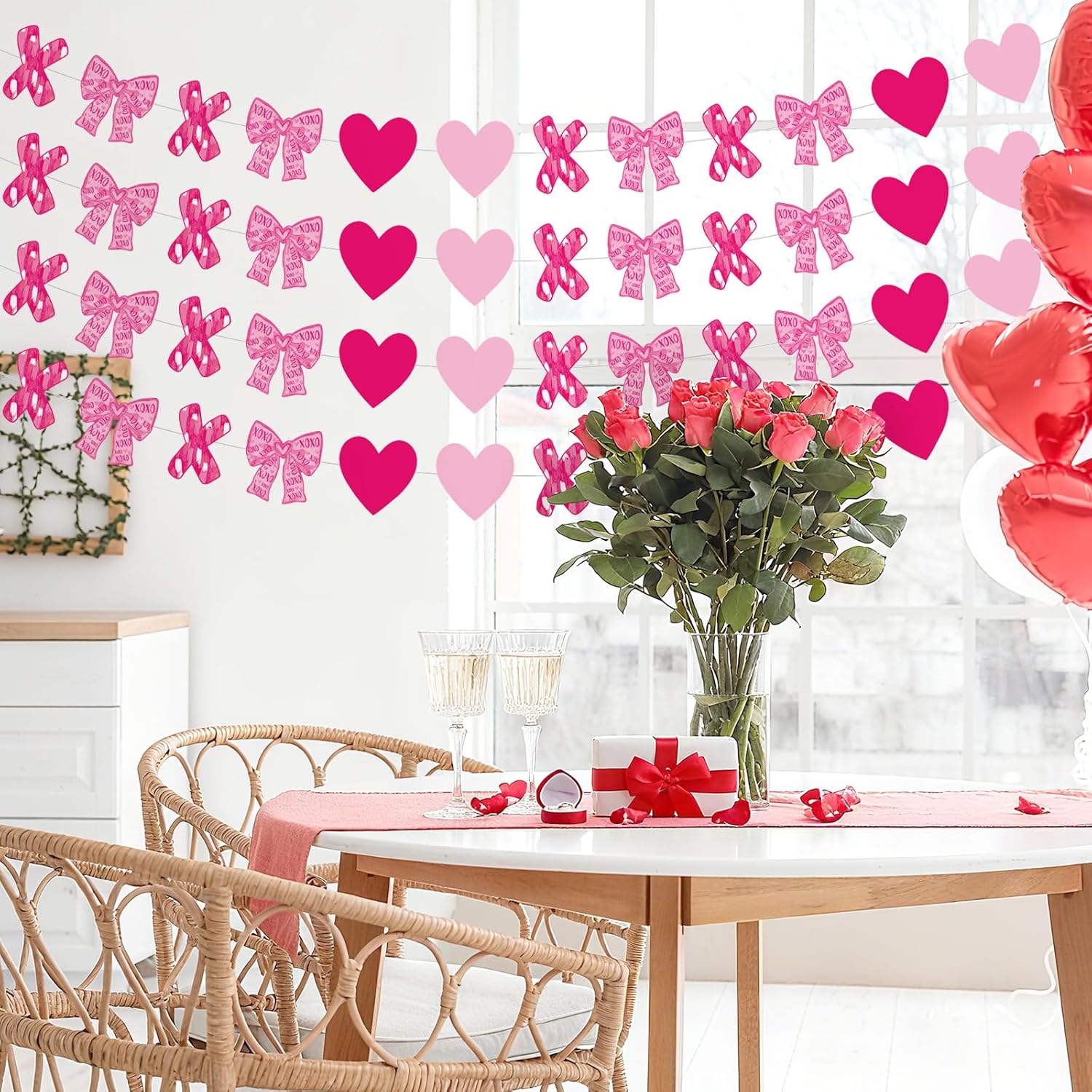 4 Pcs Pink Xoxo Heart Garland Valentines Day Pink Bow Decorations Banner Heart Hanging Garland Romantic Xoxo Banner For Valentine Anniversary Wedding Party Decorations Supplies