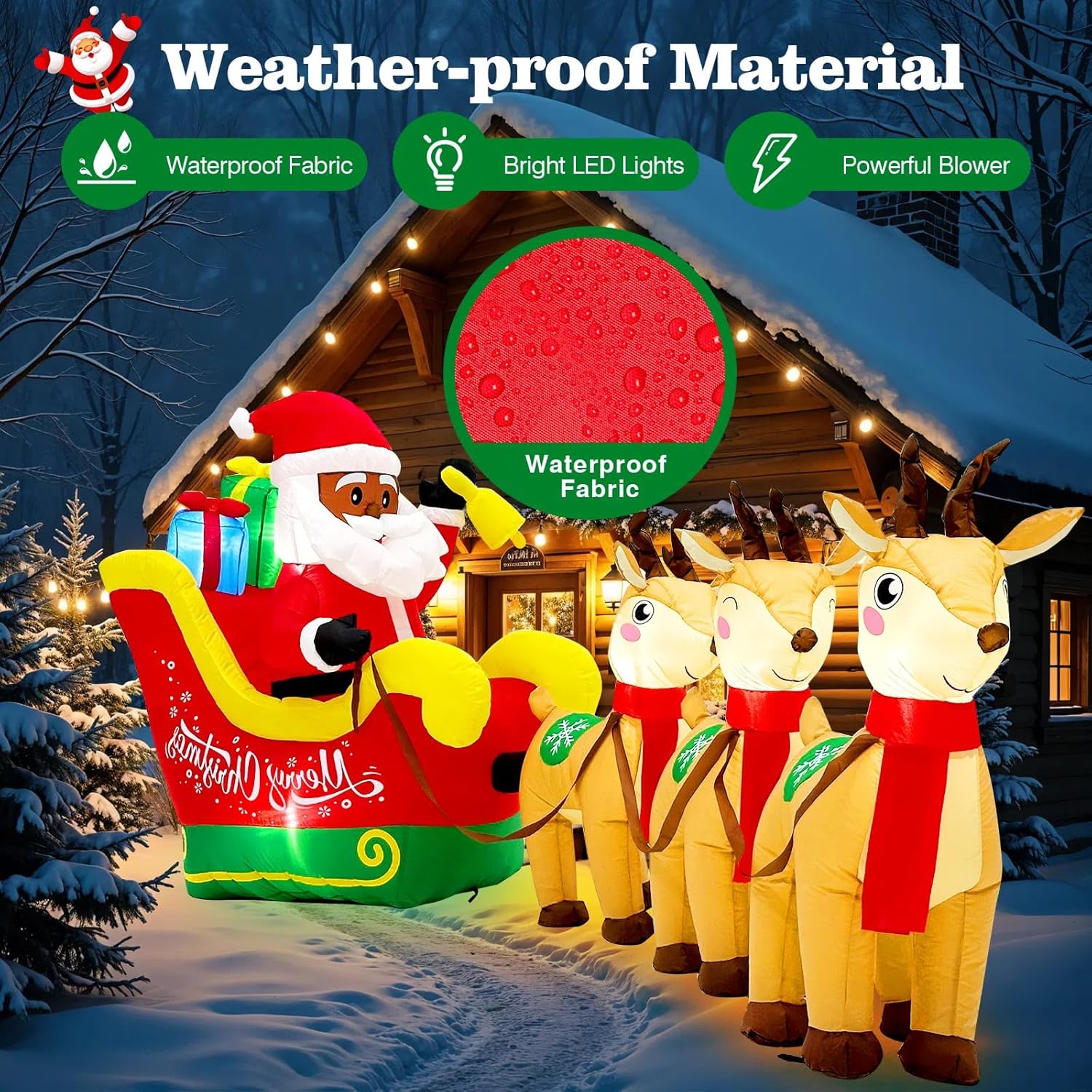 12Ft Christmas Inflatables, Black Santa Claus On Sleigh With Reindeer, Blow Up Christmas Decorations Outdoor With Lights