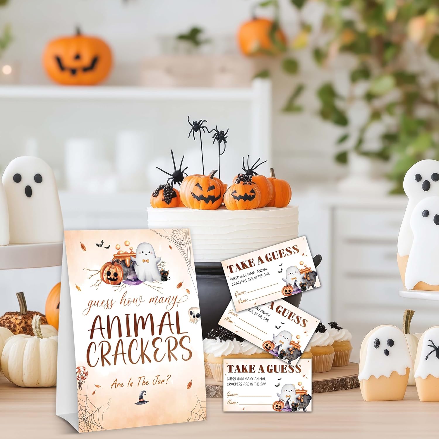 Halloween Baby Shower Games, Hilarious Guess How Many Animal Crackers For Pumpkin Gender Reveal Party Supplies Decorations, 1 Standing Sign + 50 Tickets - A08