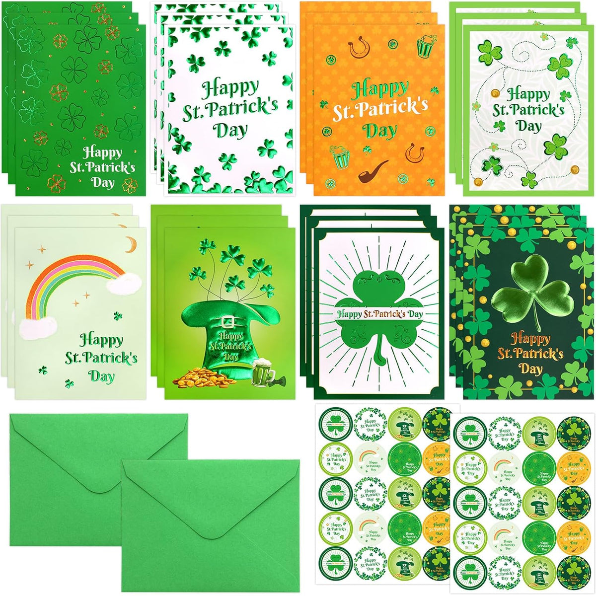 24 Pack St.Patrick'S Day Cards With Envelopes Embossed Shamrock Cards Blank Inside Party Supply Green