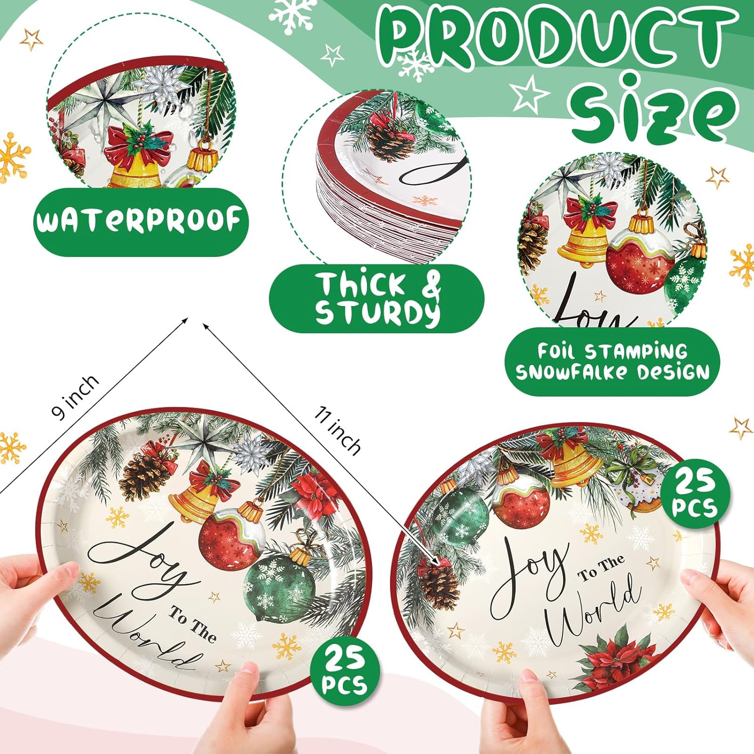 50 Pcs Christmas Oval Paper Plates 11'' Disposable Joy To The World Paper Plates Xmas Balls Tableware Large Christmas Snowflake Decorations For Winter Picnic Tea Party Supplies