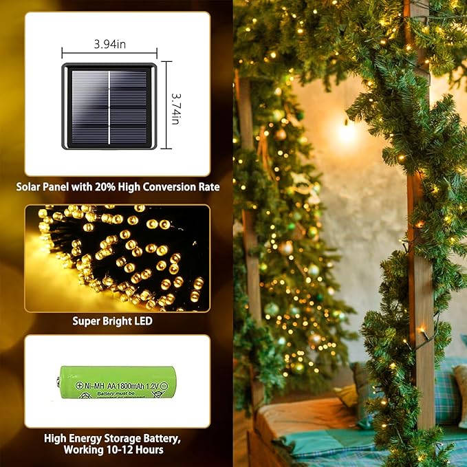 2 Pack 170FT Solar String Lights 480 LED Warm White Waterproof Christmas Twinkle Lights