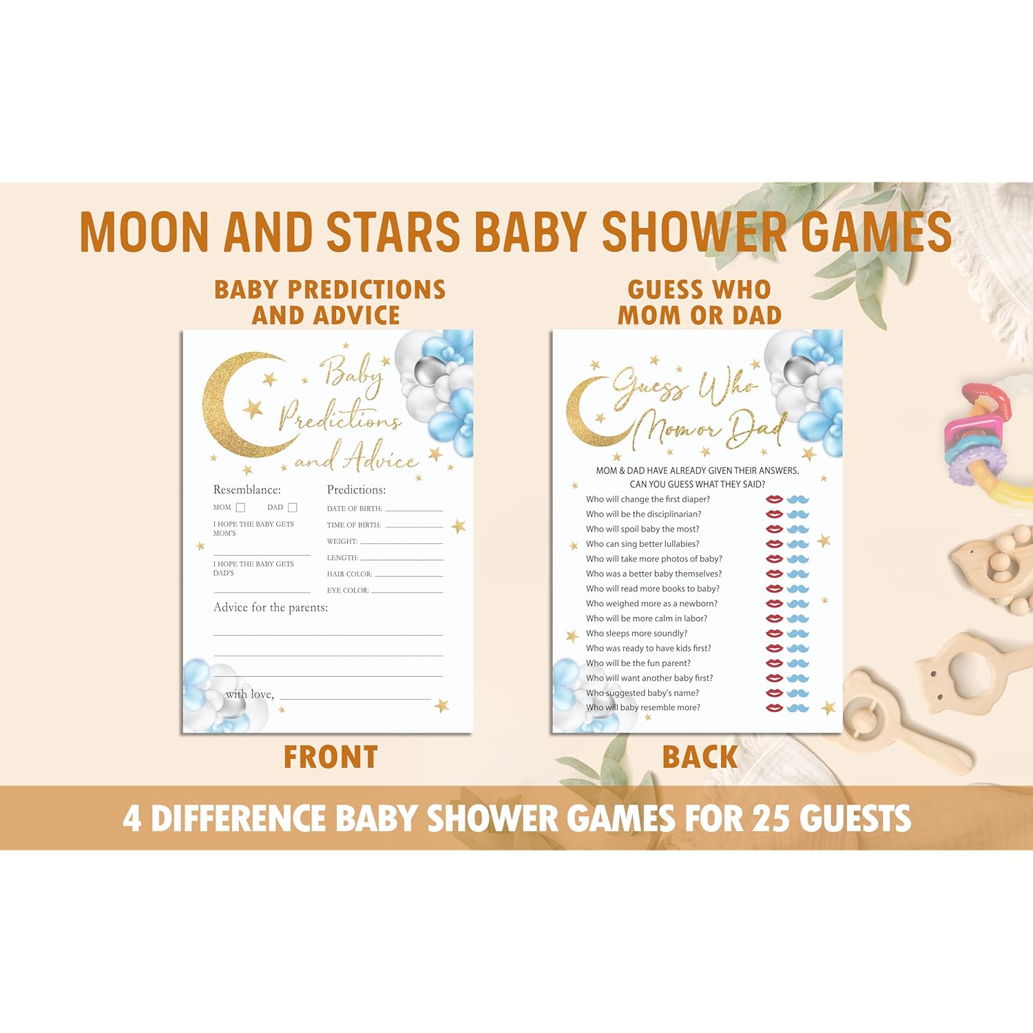 Moon Stars Baby Shower Games Set, 4 Games Includes Trivia, Baby Shower Feud, Predictions And Advice, Find Who Mom Or Dad, 50 Double-Sided Cards & 1 Answer Key, Gender Reveal Supplies -02