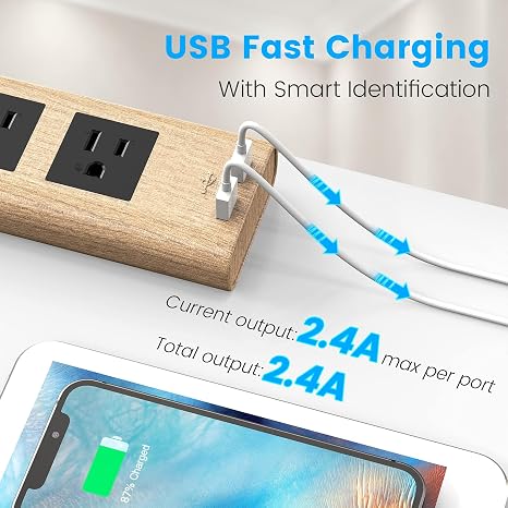 10 ft Flat Plug Power Strip Surge Protector with 3 Outlets and 2 USB Ports Light Wood Grain