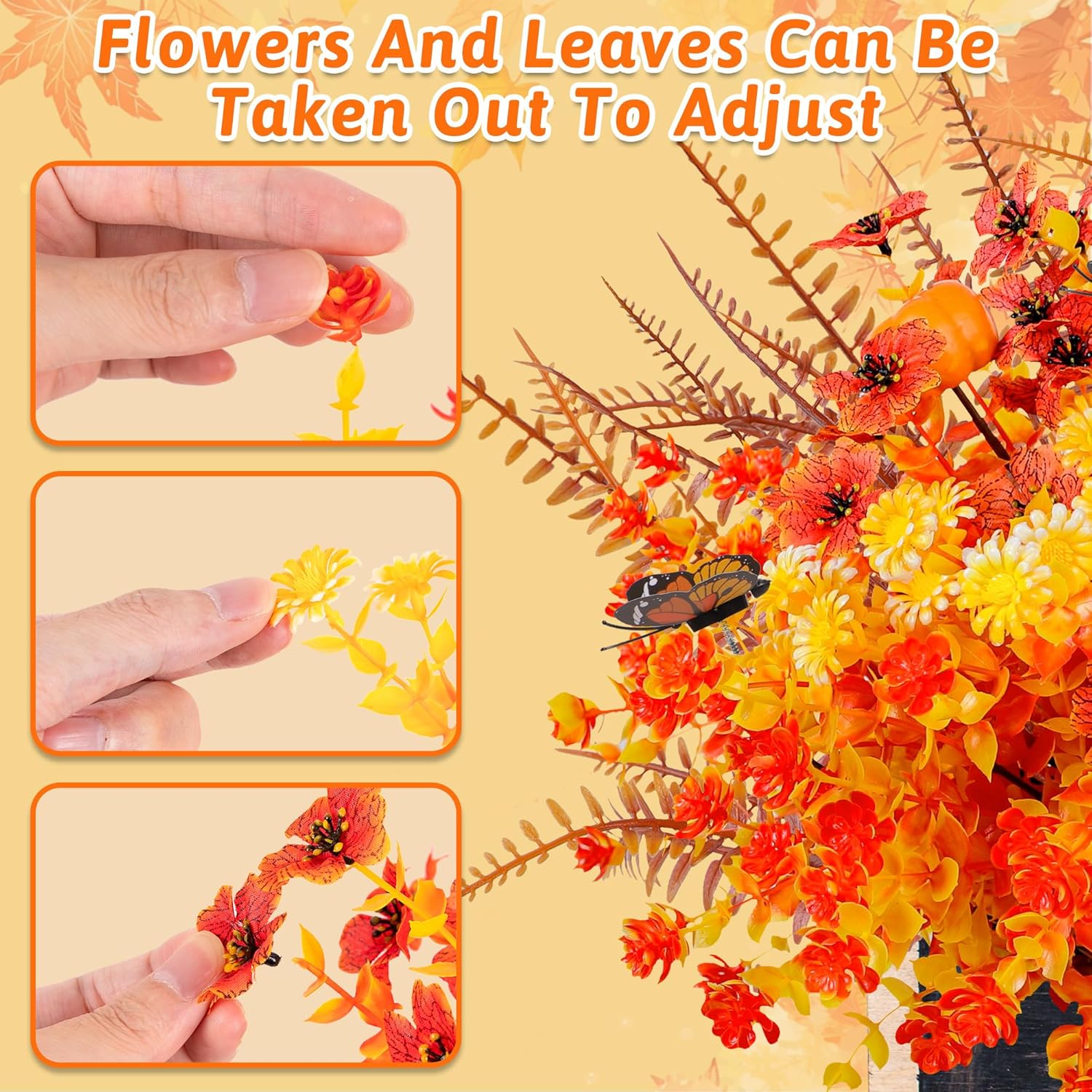 30Pcs Fall Artificial Fake Flowers Plants Outdoor - Faux Thanksgiving Decorations For Home Autumn Outside Patio Front Porch Decor With Pumpkin Butterfly