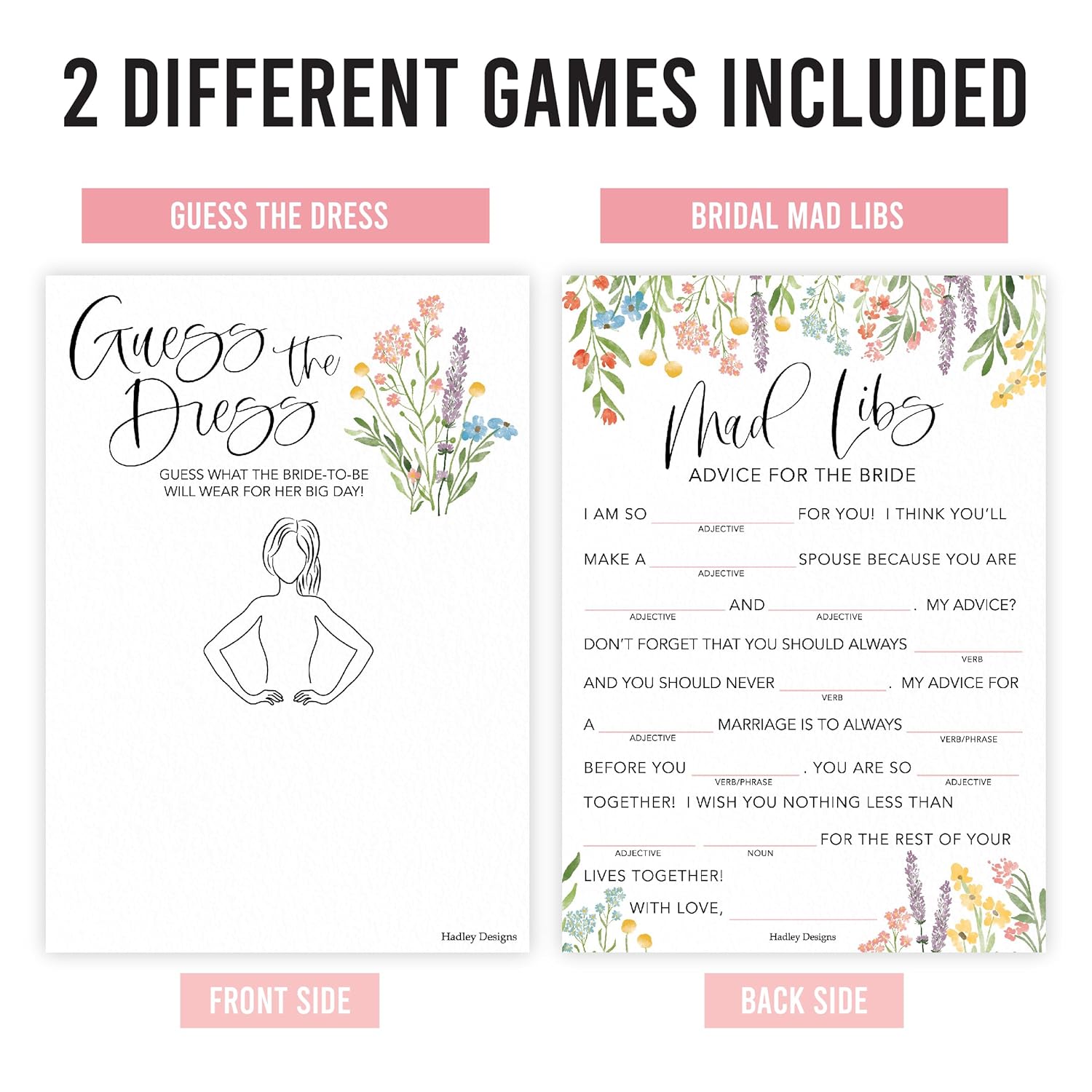 20 Floral Hilarious Bridal Shower Games For 20 Guests - Couples Wedding Shower Games, Guess The Dress Bridal Shower Game Set, Advice Cards For Bridal Shower Mad Libs
