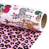 Reversible Birthday Wrapping Paper Roll, Mini Roll, Safari Animals Party Design & Pink Leopard Print Gift Wrap For Girls Birthday Party, Baby Shower, 17 Inches X 16.4 Feet
