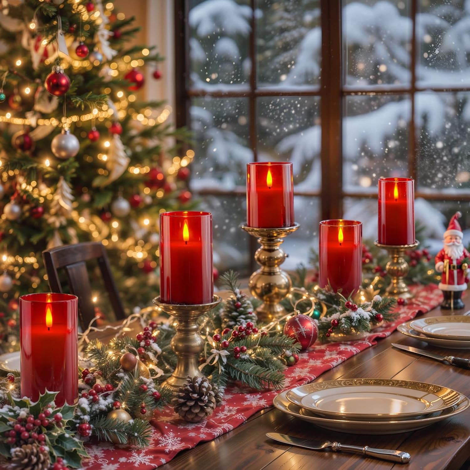 Red Glass Flameless Candles, Battery Operated Led Pillar Candles With Remote Control And Timer, Radiance Candles, Real Wax, Set Of 3,D3 Xh4 5" 6"