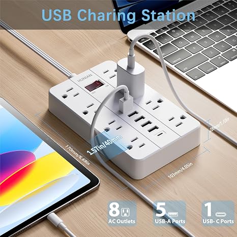 Power Strip with USB 8 Outlets 6 USB Ports 1 USB C 5FT Flat Plug Extension Cord White