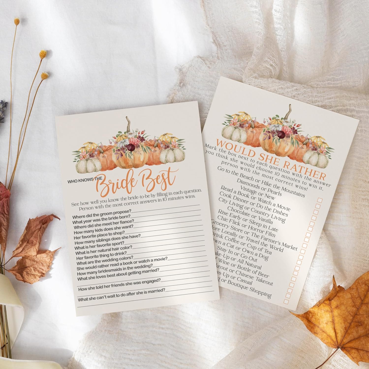 Rustic Pumpkin Bridal Shower Games Pack - 25 Guests, 5X7 Size, Premium Quality Cardstock, Fall Theme, Who Knows The Bride Best & Would She Rather, Autumn Wedding Shower Games