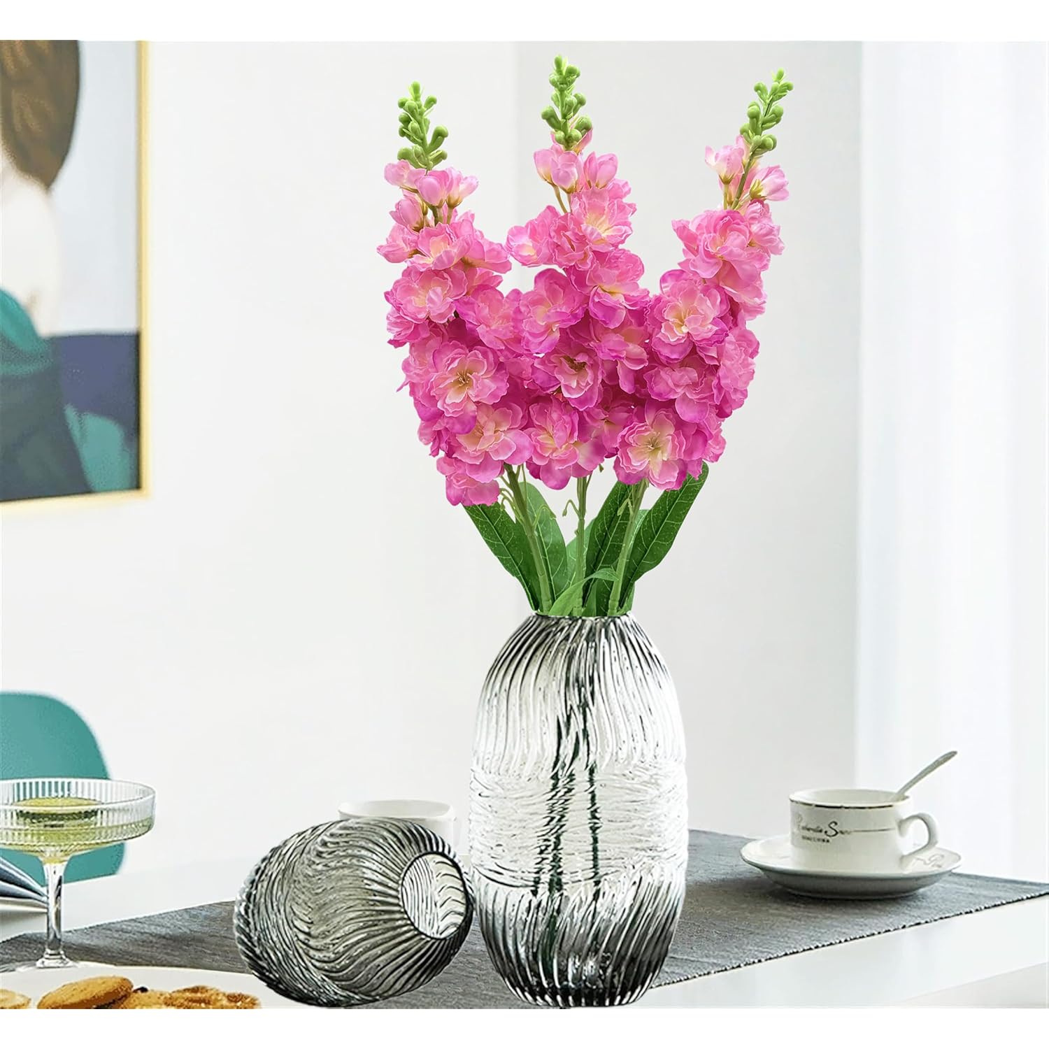 Artificial Delphinium Flowers 3Pcs Pink Silk Larkspur Flowers Faux Snapdragon Long Stem Fake Plant Spray Arrangement For Home Decor Indoor Outdoor Garden Wedding Table Vase Decor