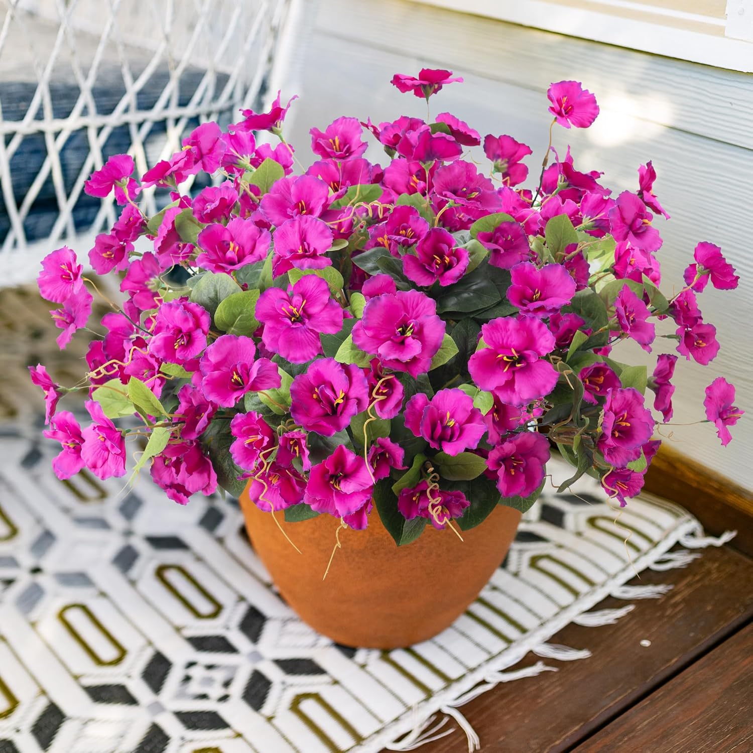 Fake Hibiscus Artificial Flowers For Outdoors Spring Summer Decoration, 6 Bundles Silk Hibiscus Flowers Bouquet Uv Resistant Look Real Faux Plants For Outside Planter Front Door Porch Balcony, Fuchsia