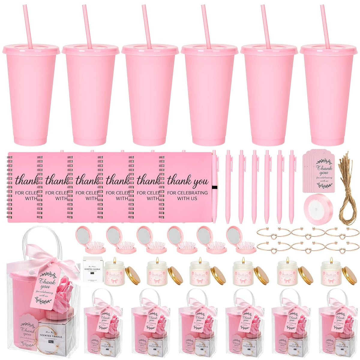 68Pcs Baby-Shower Prizes, 6 Sets Baby-Shower Favors Gifts For Game Winners Including Plastic Tumbler Notebook Scented Candles Pen Mirrors With Hair Brushes Bracelet Gift Bag For Wedding Bridal Favors