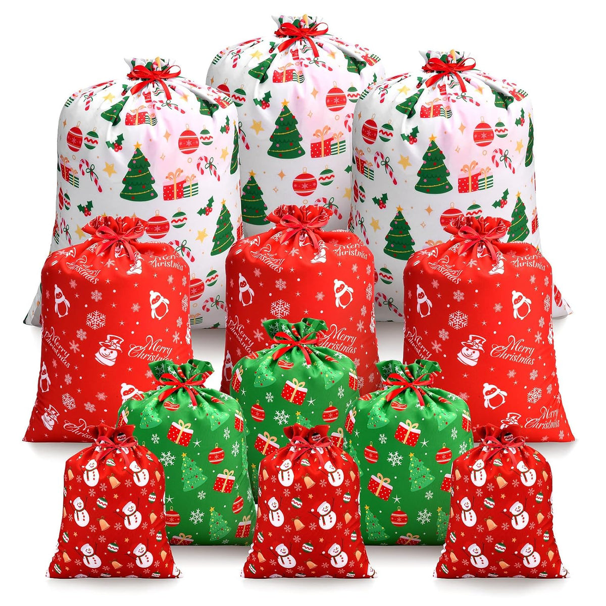 Christmas Drawstring Gift Bags, Assorted Reusable Fabric Gift Wrapping Bags For Gifts Xmas Party Holiday Favors(12 Pcs, 4 Sizes)