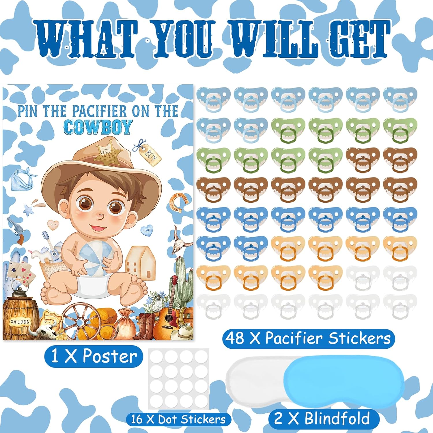 Pin The Pacifier On The Cowboy Party Games Western Party Game First Rodeo Party Decor Large Baby Poster Blindfold 48 Pacifier Stickers For Cowboy Baby Shower Decorations