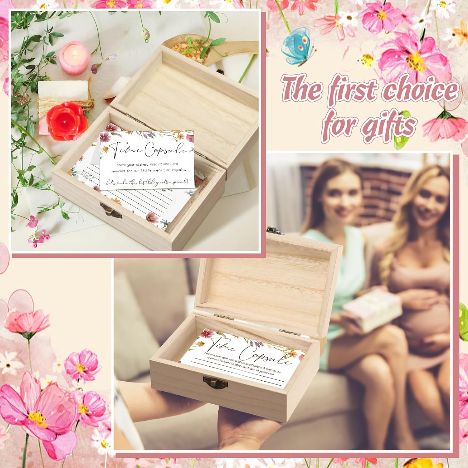 Time Capsule Box 1St Birthday Time Capsule First Birthday Party Games, 1St Activities For Guests, Advice And Wishes Cards Gift Keepsake For Party Supplies(Wildflower)