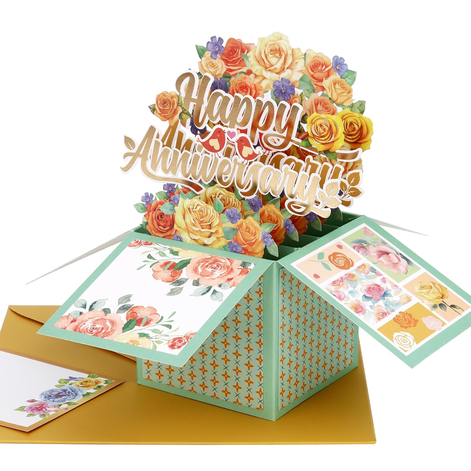 Pop Up Happy Anniversary Card, 3D Romantic Flowers Anniversary Greeting Card Gift For Wife, Husband, Couple, Him, Her, With Envelope And Notecard (Yellow Flowers)