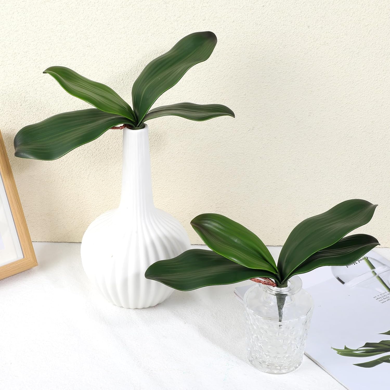 Faux Orchid Leaves, 2 Pack 8 Inch Artificial Phalaenopsis Stems Leaf Real Touch Orchids Leaf Artificial Cymbidium Flower Foliage Real Latex Touch Green Plant Orchid Leaves For Home Flowers Pot Decor
