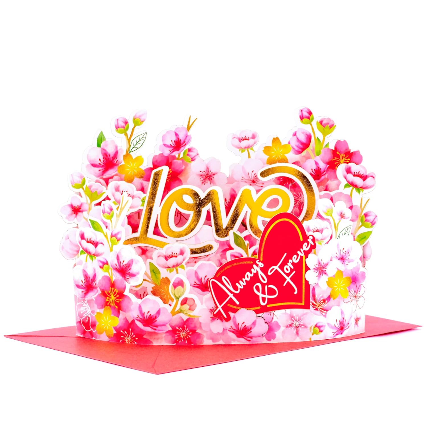 Sweet Cherry Blossom Pop Up Card, 7 Inches Flower 3D Greeting Card With “Always & Forever” Heart, Romantic Anniversary Card For Valentine’S Day, Birthday, Includes Envelope & Message Note