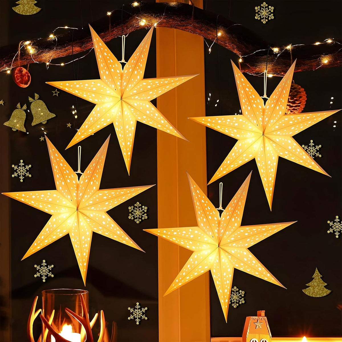 2 Pack 20 Inch Paper Star Lanterns, Star Paper Light Christmas Decor, 7 Points Warm White Led Star Light With Plug, Coll
