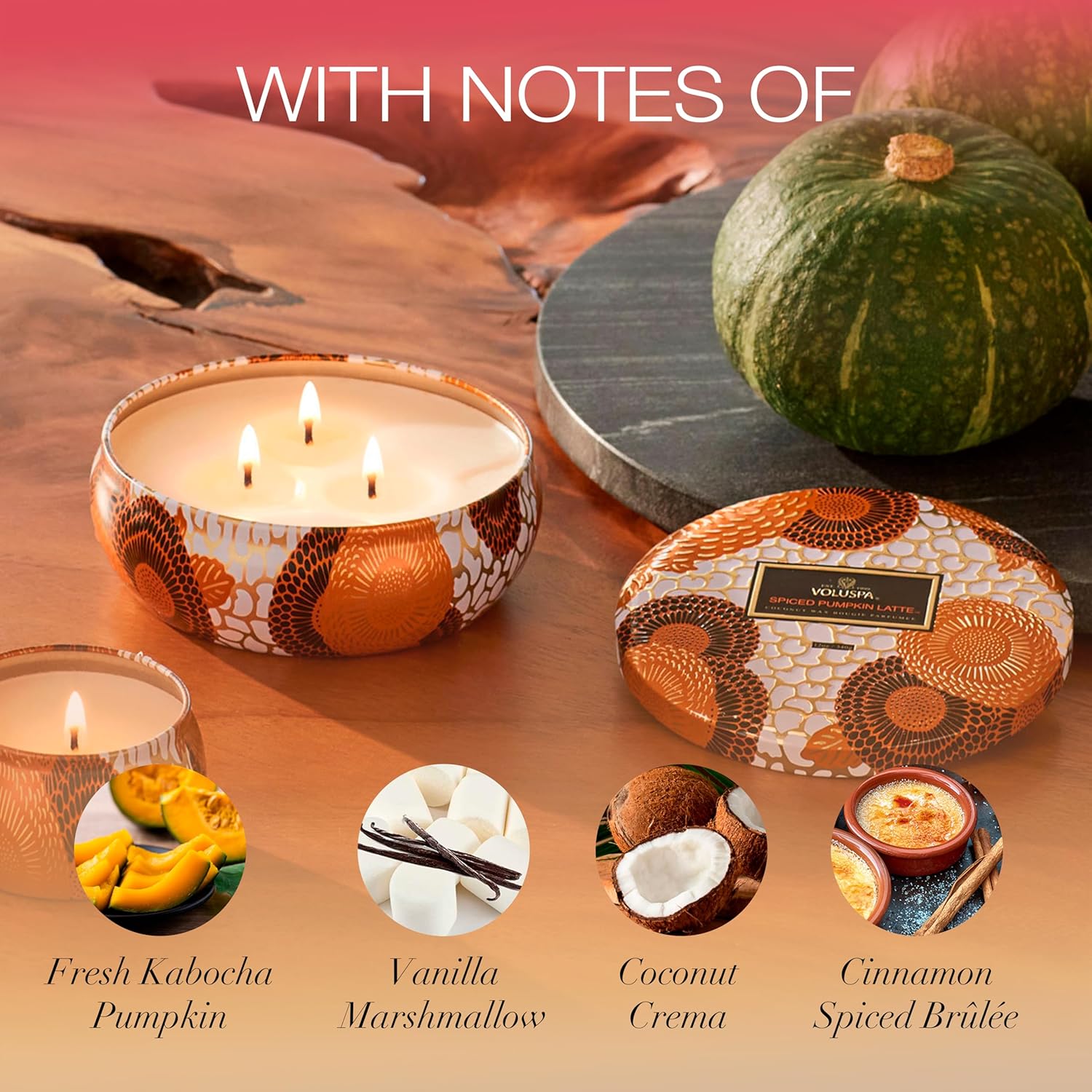 Voluspa Spiced Pumpkin Latte, 3 Wick Tin Candle, 12 Ounce, 40 Hour Burn Time, Coconut Wax for Clean Burning, Handcrafted in The USA