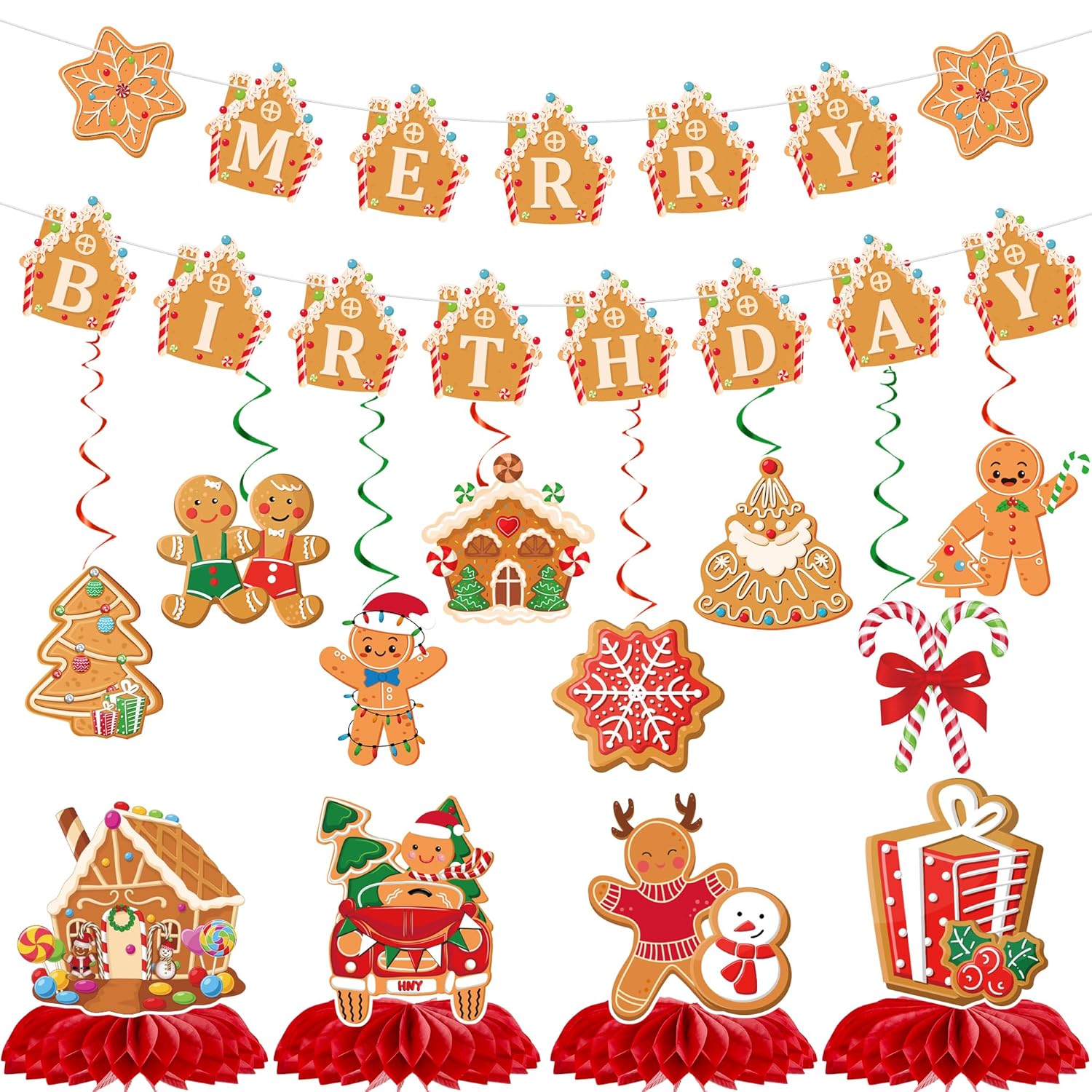 Gingerbread Merry Birthday Decorations - Christmas Party Banner Set 14Pcs Candy House Gold Banners Ceiling Hanging Swirls Honeycomb Centerpieces Xmas Supplies For Winter Holiday Table Decor