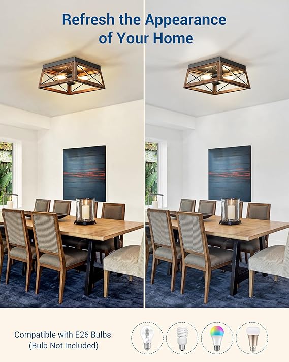 2 Light Farmhouse Ceiling Light Wood Grain Flush Mount Fixture