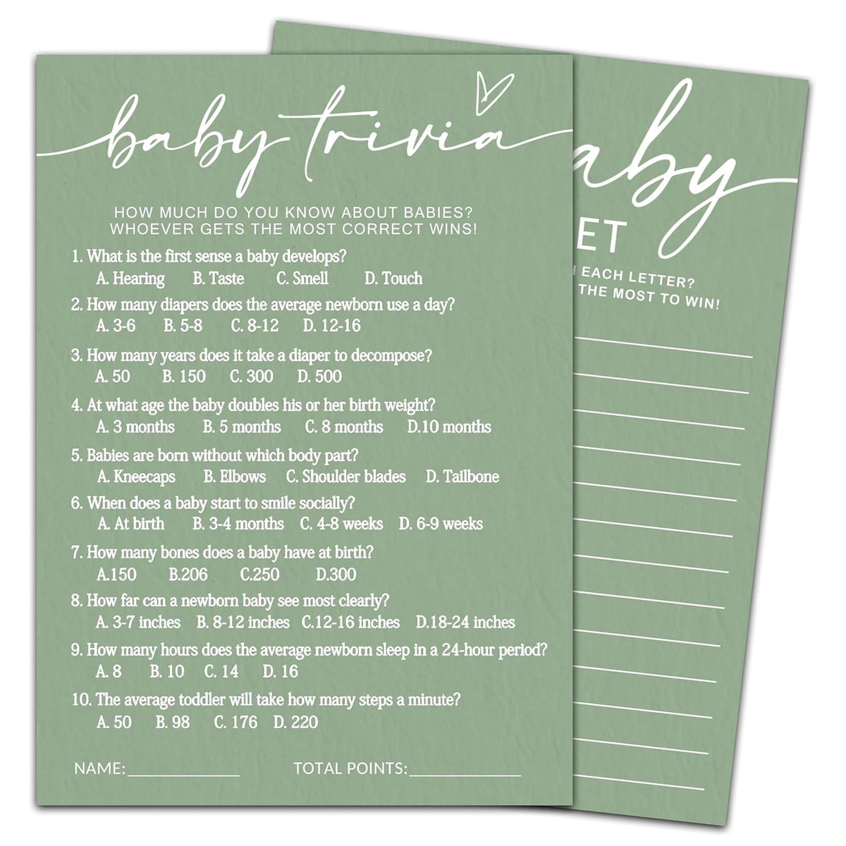 Hilarious Baby Shower Game Cards Ideas, 5" X 7" Double-Sided Baby Shower Games For Girl Or Boy, Green Minimalism Gender Reveal Party Supplies - D07