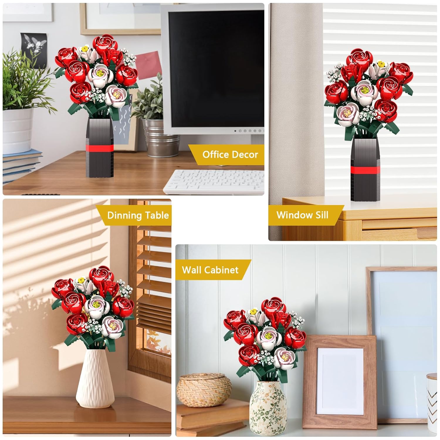 Rose Flower Bouquet Building Kit Gift For Valentine’S Day, Roses Bouquet Building Set, 841Pcs Red Roses Artificial Flowers With Vase, Rose Unique Diy Gifts For Women, Adults, Kids, Anniversaries