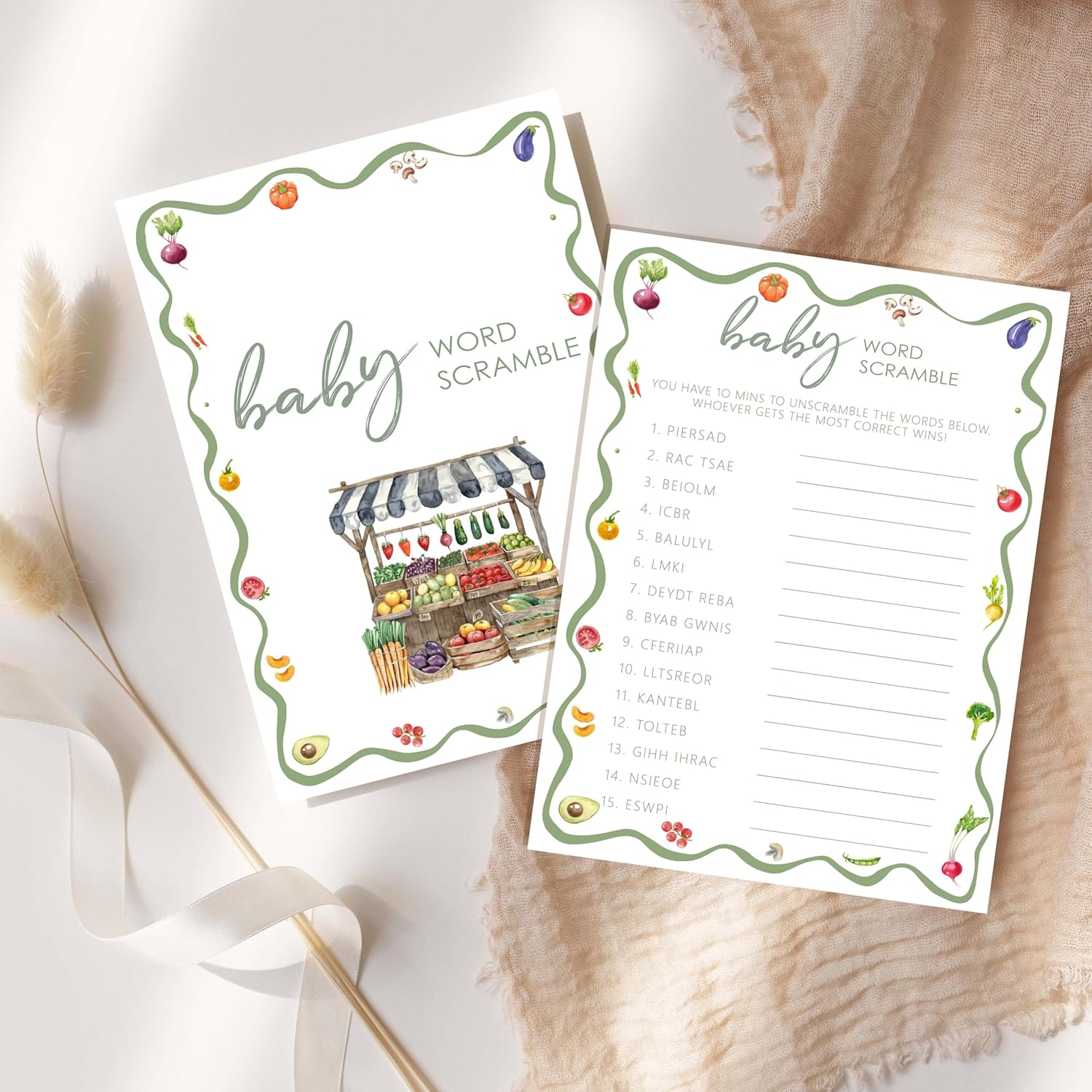 Locally Grown Baby Shower Game,Word Scramble Game Cards And Activities,Farmers Market Themed Party Decorations Supplies, 5”X7“ -25 Pcs -07