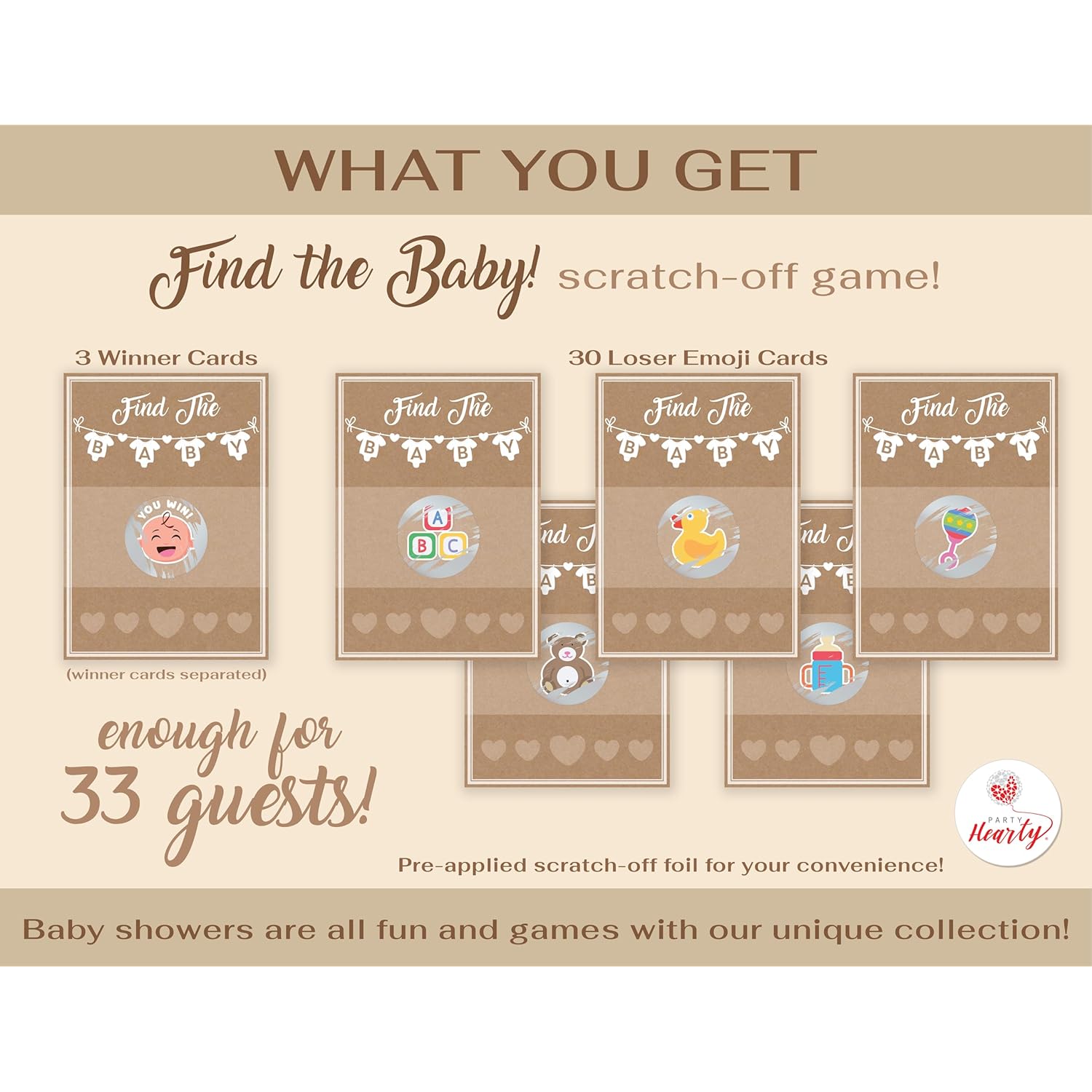 Baby Shower Games Kraft 33 Raffle Cards, Emoji Scratch Off Lottery Tickets, 3 Winners 5 Different Loser Card Designs, Gender Neutral, Silly Activity For Ice Breakers, Door Prizes, Favors