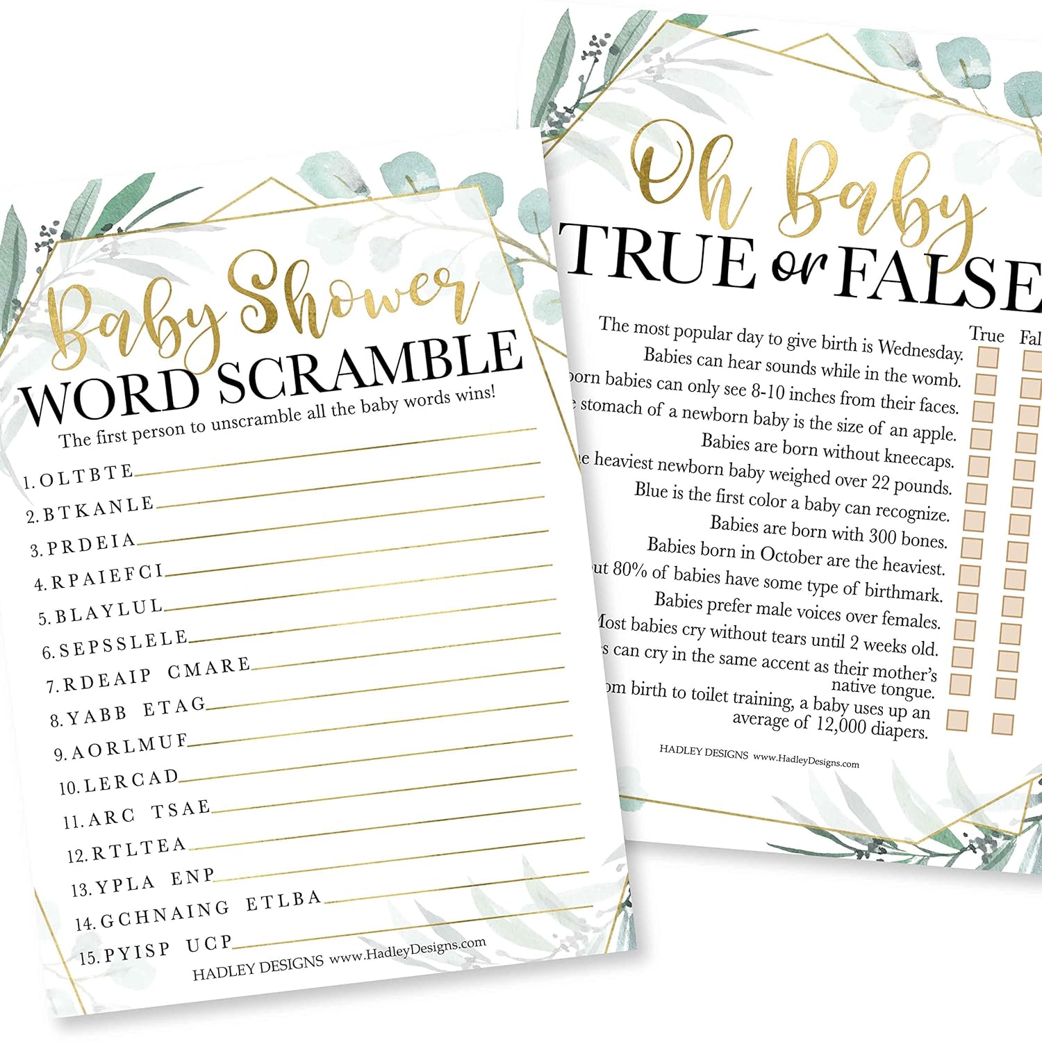 Baby Shower Games For 25 Guests - Greenery Baby Shower Game Word Scramble, True Or False, Babyshower Game Boy Girl Gender Neutral, Gender Reveal Games, Made In Usa